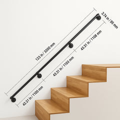 Pipe Stair Handrail, 11FT Staircase Handrail, 440LBS Load Capacity Carbon Steel Pipe Handrail, Industrial Pipe Handrail with Wall Mount Support, Round Corner Wall Handrailing for Indoor, Outdoor
