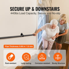Pipe Stair Handrail, 1.8m Staircase Handrail, 200KG Load Capacity Carbon Steel Pipe Handrail, Industrial Pipe Handrail with Wall Mount Support, Round Corner Wall Handrailings for Indoor, Outdoor