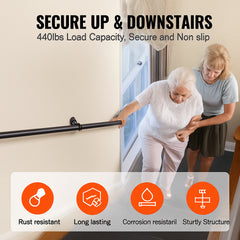 Pipe Stair Handrail, 7FT Staircase Handrail, 440LBS Load Capacity Carbon Steel Pipe Handrail, Industrial Pipe Handrail with Wall Mount Support, Round Corner Wall Handrailings for Indoor, Outdoor