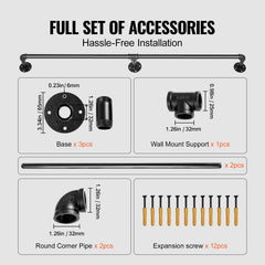Pipe Stair Handrail, 7FT Staircase Handrail, 440LBS Load Capacity Carbon Steel Pipe Handrail, Industrial Pipe Handrail with Wall Mount Support, Round Corner Wall Handrailings for Indoor, Outdoor