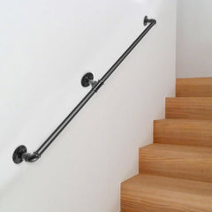 Pipe Stair Handrail, 7FT Staircase Handrail, 440LBS Load Capacity Carbon Steel Pipe Handrail, Industrial Pipe Handrail with Wall Mount Support, Round Corner Wall Handrailings for Indoor, Outdoor