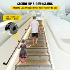 Pipe Stair Handrail, 9FT Staircase Handrail, 440LBS Load Capacity Carbon Steel Pipe Handrail, Industrial Pipe Handrail with Wall Mount Support, Round Corner Wall Handrailings for Indoor, Outdoor