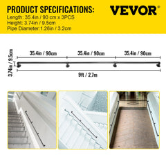 Pipe Stair Handrail, 9FT Staircase Handrail, 440LBS Load Capacity Carbon Steel Pipe Handrail, Industrial Pipe Handrail with Wall Mount Support, Round Corner Wall Handrailings for Indoor, Outdoor