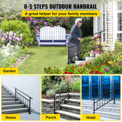 Iron Handrail Stair Railing Hand Rail Kit 1-4 Steps Outdoor Black w/ Bars