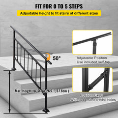 Iron Handrail Stair Railing Hand Rail Kit 1-4 Steps Outdoor Black w/ Bars