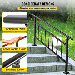 Iron Handrail Stair Railing Hand Rail Kit 1-4 Steps Outdoor Black w/ Bars