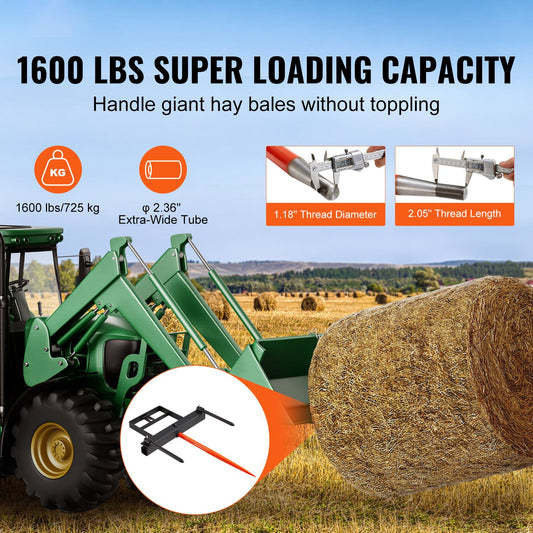 39" Hay Spear, Bale Spears 726kg Loading Capacity, Skid Steer Loader Tractor Bucket Attachment with 2pcs 17.5" Stabilizer Spears and 60" Chain, Quick Attach Spike Forks