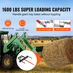 39" Hay Spear, Bale Spears 726kg Loading Capacity, Skid Steer Loader Tractor Bucket Attachment with 2pcs 17.5" Stabilizer Spears and 60" Chain, Quick Attach Spike Forks
