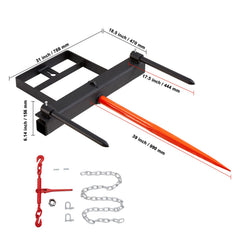 39" Hay Spear, Bale Spears 726kg Loading Capacity, Skid Steer Loader Tractor Bucket Attachment with 2pcs 17.5" Stabilizer Spears and 60" Chain, Quick Attach Spike Forks