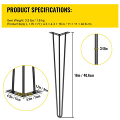 Hairpin Table Legs 16 inch, Set of 4 DIY Desk Table Legs 3 Rods Heavy Duty
