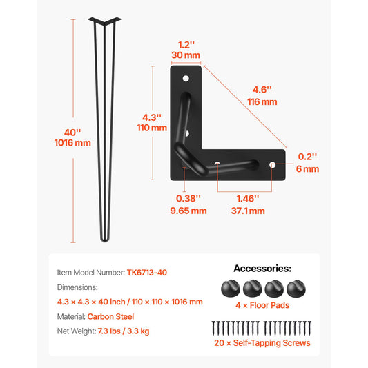 Hairpin Table Legs 40 inch, Set of 4 DIY Desk Table Legs 3 Rods Heavy Duty