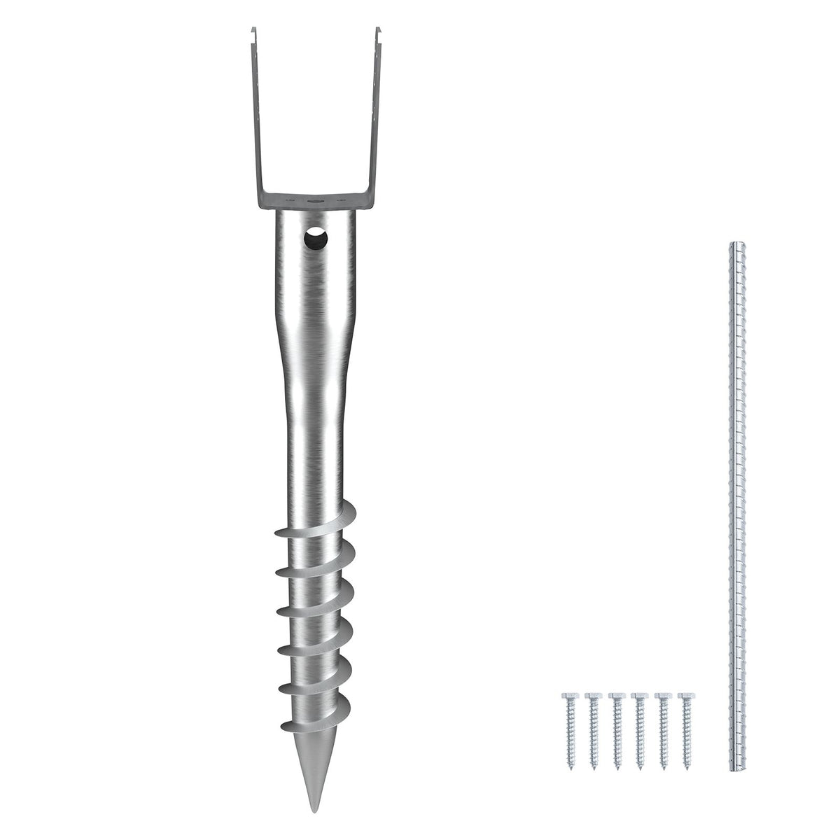 No Dig Ground Anchor, 1 Pack 10 x 7 x 70 cm DIY Screw in Post Stake, Includes 6 Lag Bolts & a Rebar, U-Shape Heavy Duty Steel Post Holder, Great for Mailbox Posts and Fence Posts