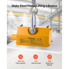 Permanent Magnetic Lifter, 600 kg Pulling Capacity, Heavy Duty N42 Neodymium Lifting Magnet with Release Handle and Steel Hook, Used in Shop Crane and Hoist, for Lifting Plate Steel, Board