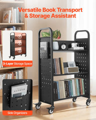 Rolling Library Book Cart, 150 kg Capacity, 77 x 38 x 122 cm Library Cart, Single Sided V-Shaped Shelves with 76.2 mm Lockable Wheels, Book Truck for Home Shelves Office and School, Black
