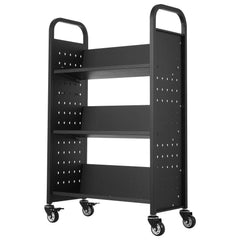 Rolling Library Book Cart, 150 kg Capacity, 77 x 38 x 122 cm Library Cart, Single Sided V-Shaped Shelves with 76.2 mm Lockable Wheels, Book Truck for Home Shelves Office and School, Black