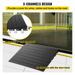 Rubber Threshold Ramp, 7.62 cm Rise Threshold Ramp Doorway, 3 Channels Cord Cover Rubber Solid Threshold Ramp, Rubber Angled Entry Rated 997.9 kg Load Capacity for Wheelchair and Scooter