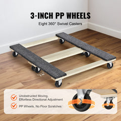 Furniture Dolly, 454kg Each Load Capacity, 2 Packs, 457.2x762mm, 8x76mm PP Swivel Casters, Heavy Duty Hardwood Furniture Moving Dolly, Mover's Dolly, Moving Cart with Wheels for Heavy Furniture