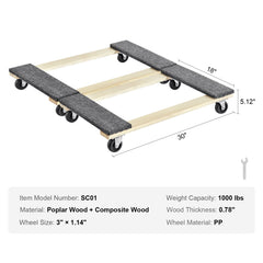 Furniture Dolly, 454kg Each Load Capacity, 2 Packs, 457.2x762mm, 8x76mm PP Swivel Casters, Heavy Duty Hardwood Furniture Moving Dolly, Mover's Dolly, Moving Cart with Wheels for Heavy Furniture