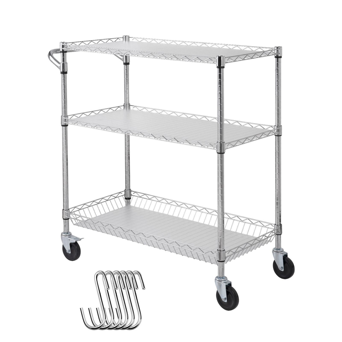Kitchen Utility Cart, 3 Tiers, Wire Rolling Cart, Steel Service Cart on Wheels, Metal Storage Trolley with 80mm Basket Curved Handle PP Liner 6 Hooks, for Indoor and Outdoor
