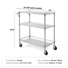 Kitchen Utility Cart, 3 Tiers, Wire Rolling Cart, Steel Service Cart on Wheels, Metal Storage Trolley with 80mm Basket Curved Handle PP Liner 6 Hooks, for Indoor and Outdoor