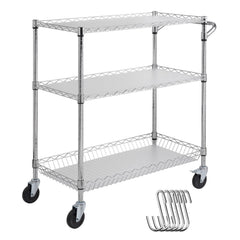Kitchen Utility Cart, 3 Tiers, Wire Rolling Cart, Steel Service Cart on Wheels, Metal Storage Trolley with 80mm Basket Curved Handle PP Liner 6 Hooks, for Indoor and Outdoor