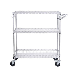 Kitchen Utility Cart, 3 Tiers, Wire Rolling Cart, Steel Service Cart on Wheels, Metal Storage Trolley with 80mm Basket Curved Handle PP Liner 6 Hooks, for Indoor and Outdoor