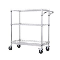 Kitchen Utility Cart, 3 Tiers, Wire Rolling Cart, Steel Service Cart on Wheels, Metal Storage Trolley with 80mm Basket Curved Handle PP Liner 6 Hooks, for Indoor and Outdoor