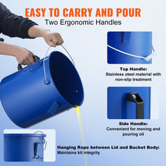 Fryer Grease Bucket, 22.7L Oil Disposal Caddy Carbon Steel Fryer Oil Bucket with Rust-Proof Coating, Oil Transport Container with Lid, Lock Clips, Filter Bag for Hot Cooking Oil Filtering, Blue