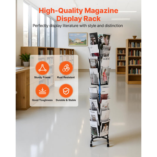Greeting Cards Display Rack, 32 Pockets Rotating Postcard Brochure Display Stand, 360° Spinning Card Display Rack with Sign Holder & 4 Wheels (2 Lockable) for Exhibitions Office Trade Show