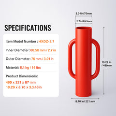 Fence Post Driver with Handles, 2.7 in Inner Diameter T Post Pole Pounder, 14LB Heavy Duty Carbon Steel Hand Post Rammer, Farm Fencing Hole Digger for U Channel, Sign Pole, Wooden Post, Red