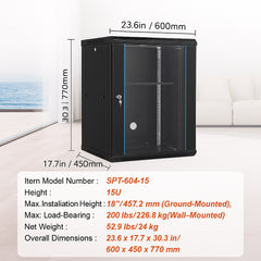 15U Wall Mount Network Cabinet, 226.8 kg Max. Ground Load Capacity, Server Rack Cabinet Enclosure with Locking Tempered Glass Door, Side Panels, Q235 Carbon Steel, for IT Equipment, A/V Devices