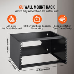 6U Wall Mount Network Rack, 14 in/355.6 mm Depth, 50 lbs/22.68 kg Max Weight Capacity Wall Mount Server Rack with Cage Nuts, 19"/482.6 mm for Shallow Server IT Equipment and Network Switches