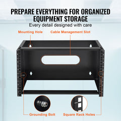 6U Wall Mount Network Rack, 14 in/355.6 mm Depth, 50 lbs/22.68 kg Max Weight Capacity Wall Mount Server Rack with Cage Nuts, 19"/482.6 mm for Shallow Server IT Equipment and Network Switches