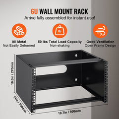 6U Wall Mount Network Rack, 14 in/355.6 mm Depth, 50 lbs/22.68 kg Max Weight Capacity Wall Mount Server Rack with Cage Nuts, 19"/482.6 mm for Shallow Server IT Equipment and Network Switches