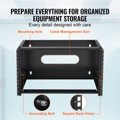 6U Wall Mount Network Rack, 14 in/355.6 mm Depth, 50 lbs/22.68 kg Max Weight Capacity Wall Mount Server Rack with Cage Nuts, 19"/482.6 mm for Shallow Server IT Equipment and Network Switches