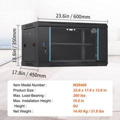 6U Wall Mount Network Server Cabinet, 15.5'' Deep, Server Rack Cabinet Enclosure, 200 lbs Max. Ground-mounted Load Capacity, with Locking Glass Door Side Panels, for IT Equipment, A/V Devices