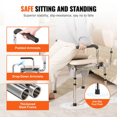 Commode Chair, Bedside Commode with Padded Seat, Drop-Down Arms, 7-Level Adjustable Height, 5.8L Removable Bucket, Easy to Assemble, 350LBS Capacity, Portable Toilet for Adults Seniors