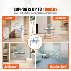 Commode Chair, Bedside Commode with Drop-Down Arms and Detachable Backrest, 5-Level Adjustable Height, 7L Removable Bucket, Easy to Assemble, 1000LBS Capacity, Portable Toilet for Adults Seniors