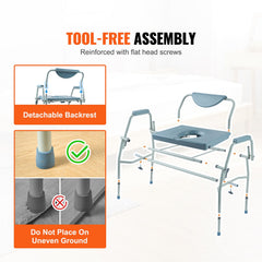 Commode Chair, Bedside Commode with Drop-Down Arms and Detachable Backrest, 5-Level Adjustable Height, 7L Removable Bucket, Easy to Assemble, 1000LBS Capacity, Portable Toilet for Adults Seniors