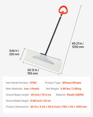 Snow Pusher Shovel, 76.2 cm Outdoor Snowplow Shovel with Ergonomic Grip, HDPE Plastic Blade, Winter Shovels with Segmented Handle, Metal Edged Strip, Portable Snow Removal Tool for Driveway