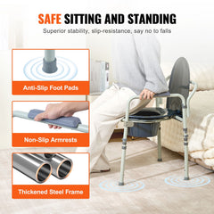 Commode Chair, Bedside Commode with Wider Toilet Seat, 7-Level Adjustable Height, 5.8L Removable Bucket, Easy to Assemble, 350 LBS Capacity, Raised Toilet Seat for Adults Seniors