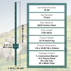 3 Feet Fence Post, 10 Pack U-Channel Heavy Duty Metal Fence Posts, Sturdy Steel Fence Stakes for Garden Yard, Lawn, Farms and Outdoor Wire Fencing, Green