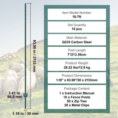 7 Feet Fence Post, 10 Pack U-Channel Heavy Duty Metal Fence Posts, Sturdy Steel Fence Stakes for Garden Yard, Lawn, Farms and Outdoor Wire Fencing, Green