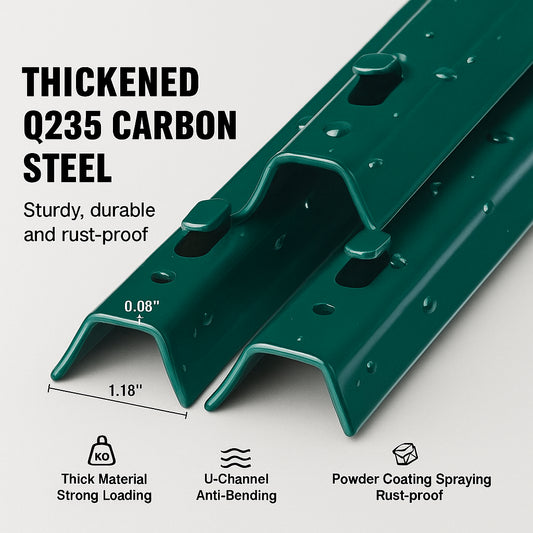 7 Feet Fence Post, 10 Pack U-Channel Heavy Duty Metal Fence Posts, Sturdy Steel Fence Stakes for Garden Yard, Lawn, Farms and Outdoor Wire Fencing, Green