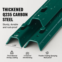 7 Feet Fence Post, 10 Pack U-Channel Heavy Duty Metal Fence Posts, Sturdy Steel Fence Stakes for Garden Yard, Lawn, Farms and Outdoor Wire Fencing, Green