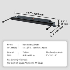 Box and Pan Brake, 1220 mm approx 15 mm, 0 to 130 Degrees Sheet Metal Bending Brake, Portable Mini Metal Bender with 20 Gauge Low Carbon Steel 14 Gauge Aluminum Capacity Power Handle