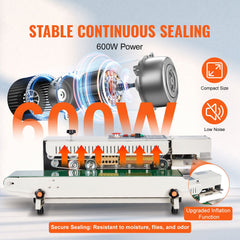Continuous Bag Band Sealing Machine, 6-12 mm Seal Width, Horizontal Band Sealer Machine with Digital Temperature Control, Bag Sealer for 0.02-0.8 mm Plastic Bags Films with Inflation Function