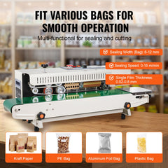 Continuous Bag Band Sealing Machine, 6-12 mm Seal Width, Horizontal Band Sealer Machine with Digital Temperature Control, Bag Sealer for 0.02-0.8 mm Plastic Bags Films with Inflation Function