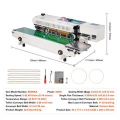 Continuous Bag Band Sealing Machine, 6-12 mm Seal Width, Horizontal Band Sealer Machine with Digital Temperature Control, Bag Sealer for 0.02-0.8 mm Plastic Bags Films with Inflation Function