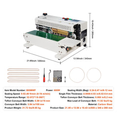 Continuous Bag Band Sealing Machine, 6-12 mm Seal Width, Horizontal Band Sealer Machine with Digital Temperature Control, Carbon Steel Bag Sealer for 0.02-0.8 mm Plastic Bags Films Membrane